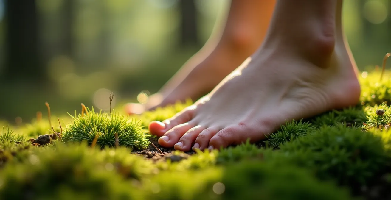 Person beim achtsamen Waldspaziergang mit ruhiger Körperhaltung