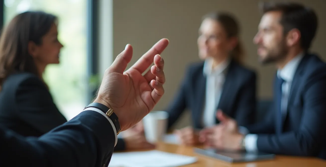 Moderator nutzt offene Handgeste um Redefluss zu unterbrechen