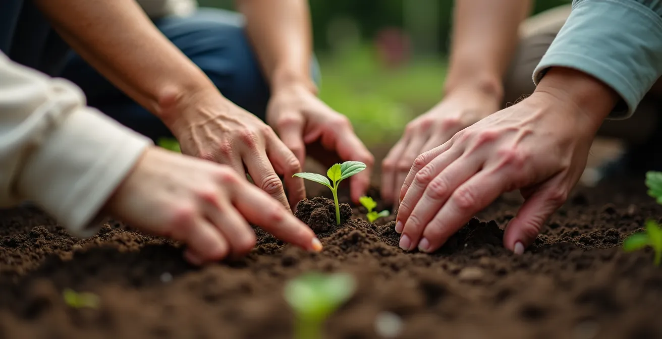 Nachhaltige Wohnanlage mit Gemeinschaftsgärten und Spielplätzen