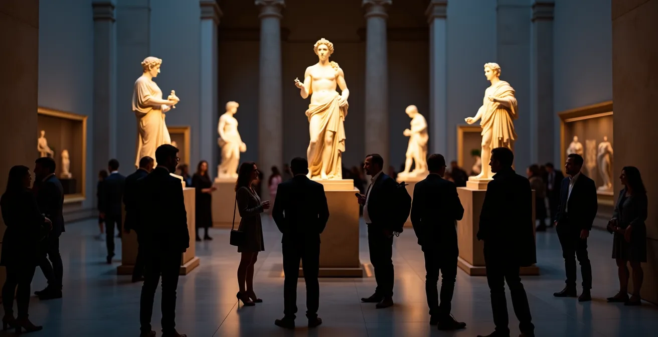 Besucher in Abendgarderobe unterhalten sich in einem Museum bei Nacht, umgeben von dramatisch beleuchteten Skulpturen.