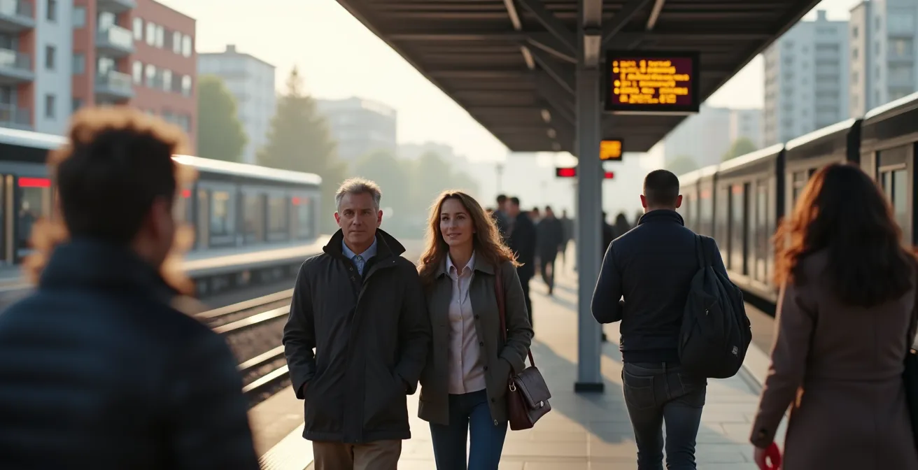 Modernes S-Bahn-System mit Wohngebäuden im Hintergrund