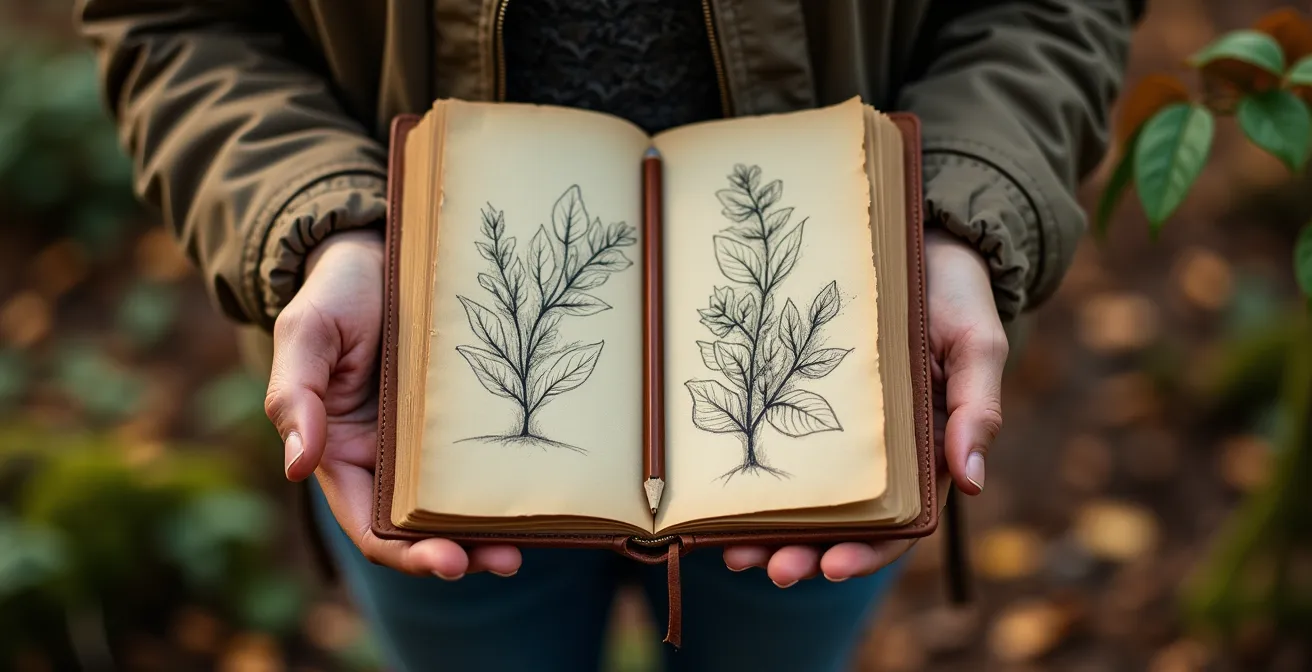 Wanderer mit analogem Naturtagebuch skizziert Pflanzen im Wald