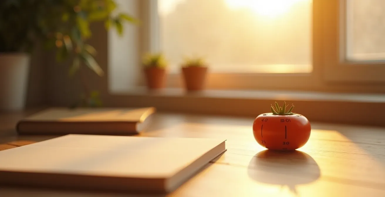 Arbeitsplatz mit Timer und digitalen Notizen für fokussierte Arbeitsphasen