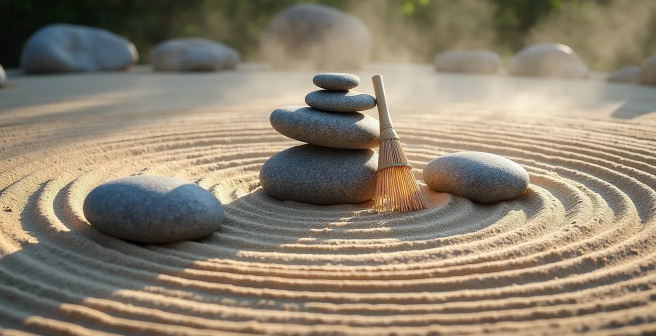 Darstellung des jährlichen Ethik-Audits für nachhaltiges Portfolio-Rebalancing, symbolisiert durch einen japanischen Zen-Garten