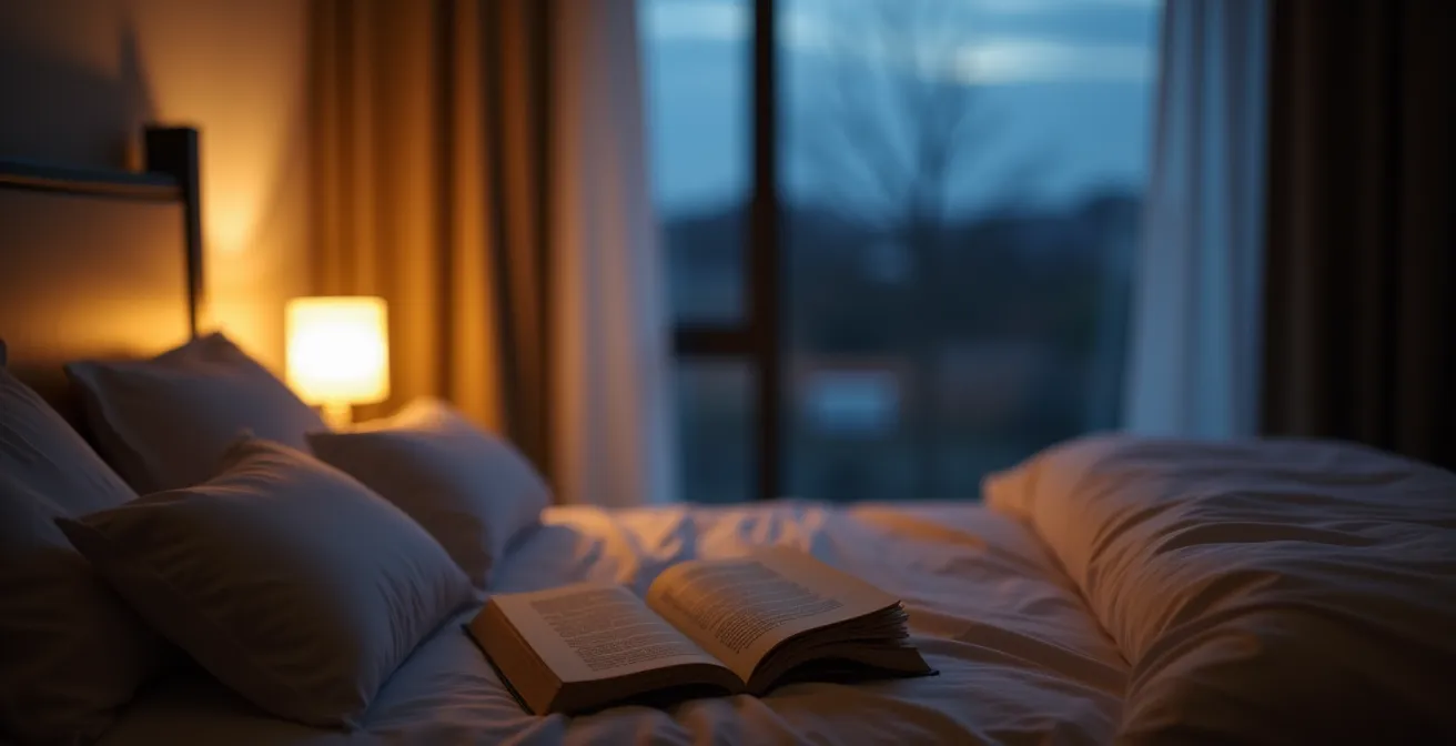 Gemütliches Schlafzimmer bei gedimmtem warmem Licht mit Buch auf Nachttisch