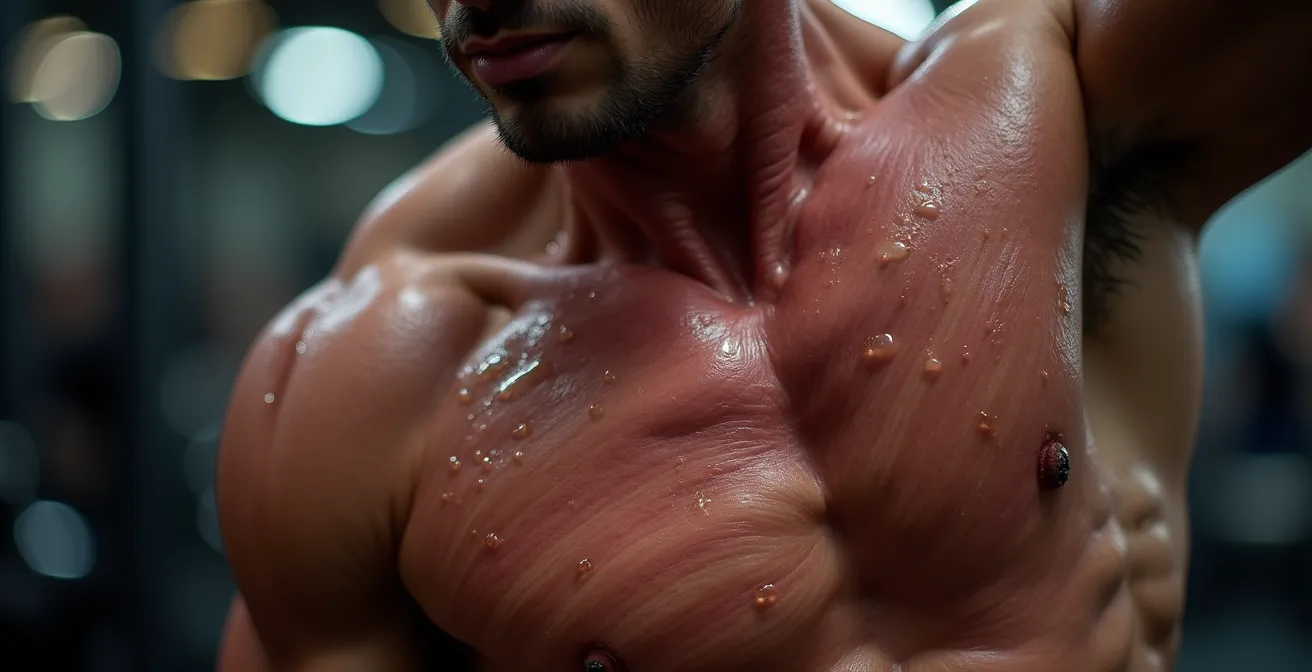 Makroaufnahme von angespannten Muskelfasern, die die Notwendigkeit von progressivem Widerstand für das Muskelwachstum symbolisieren.