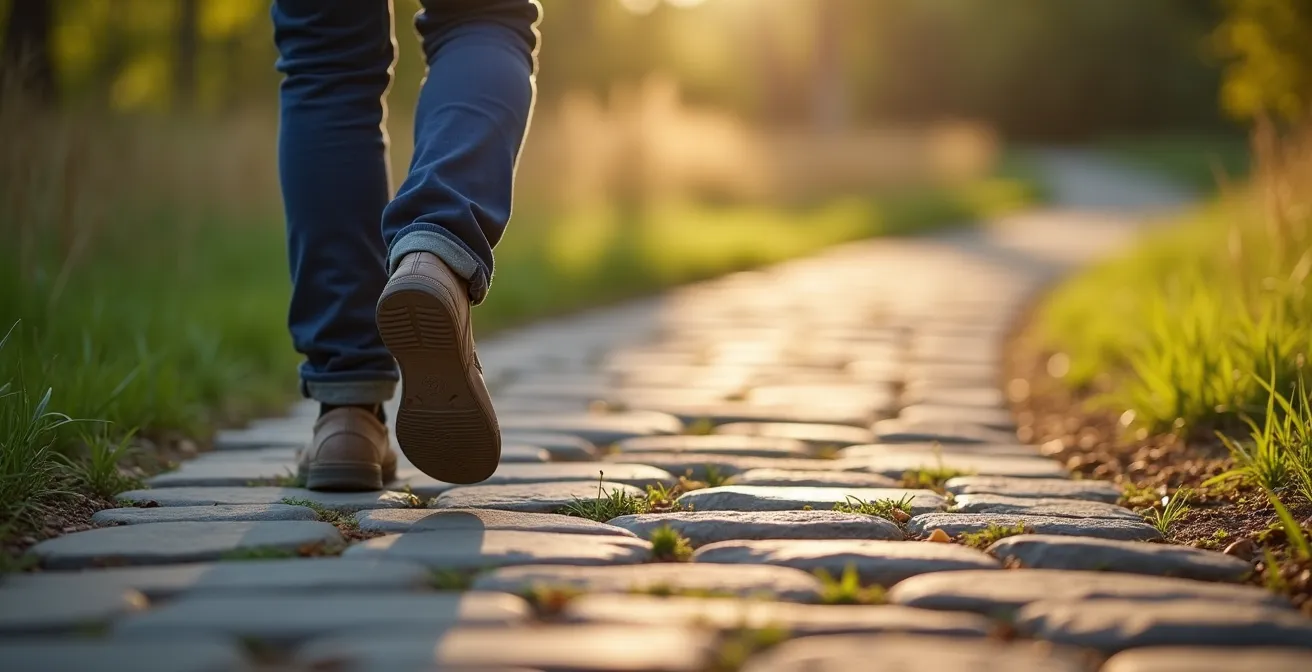 Person macht den ersten kleinen Schritt auf einem langen Weg