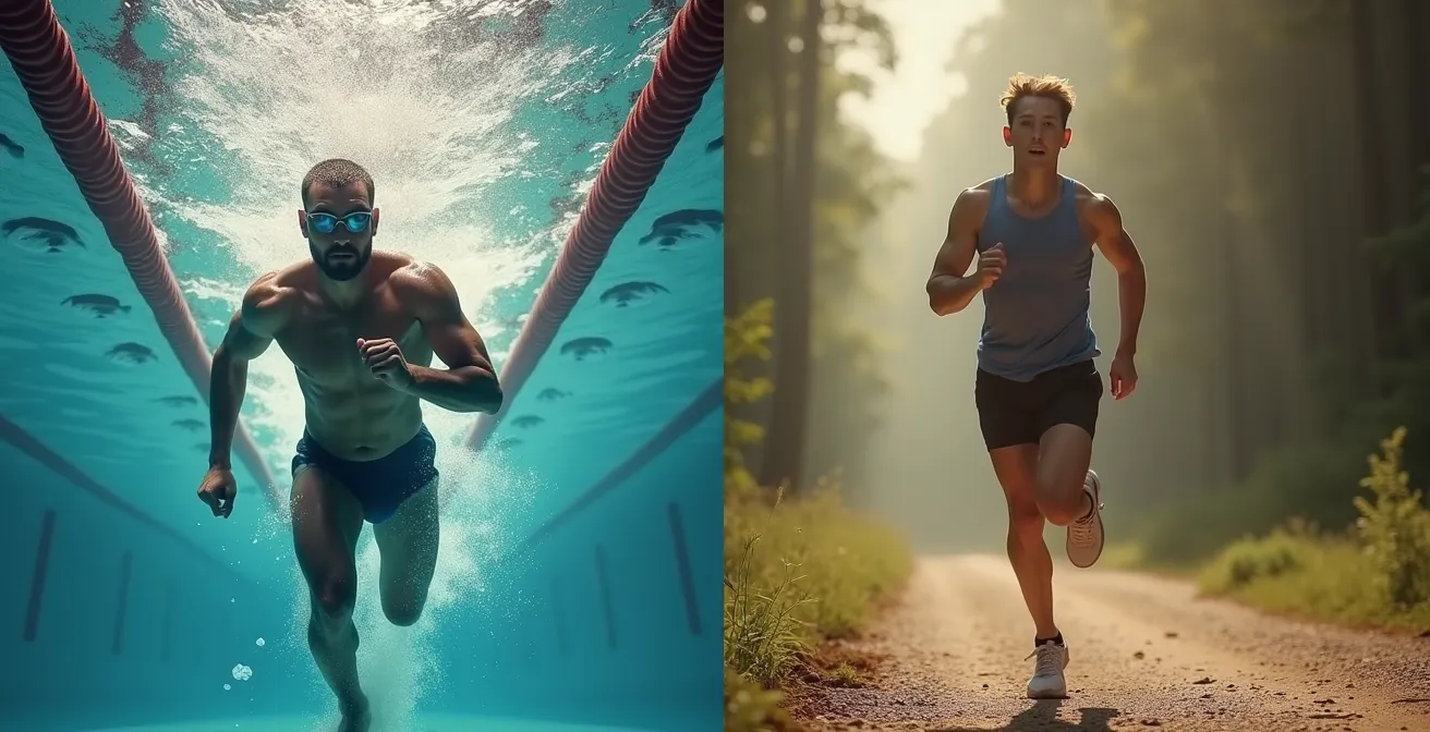 Schwimmer und Läufer beim parallelen Training zeigt die unterschiedliche Aktivierung der Muskelgruppen als Form des Cross-Trainings.