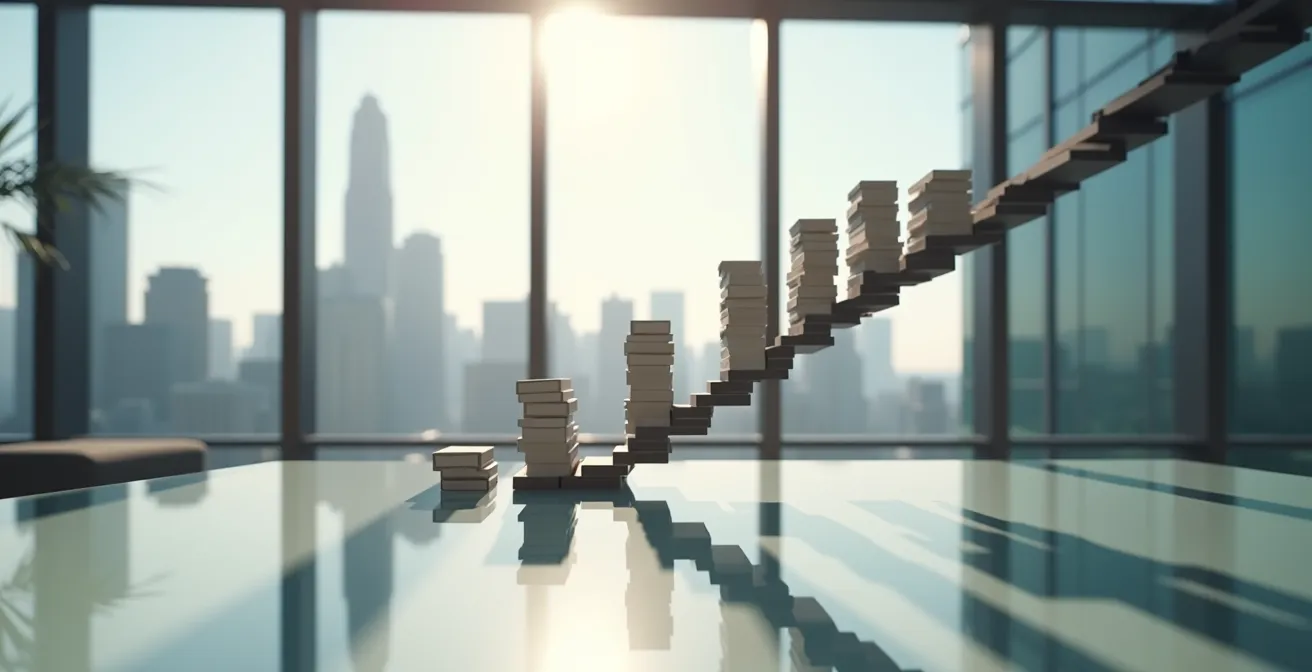 Abstrakte Darstellung des Duration-Risikos bei Anleihen, bei der steigende Zinsen den Wert von Anleihen wie Dominosteine umfallen lassen.