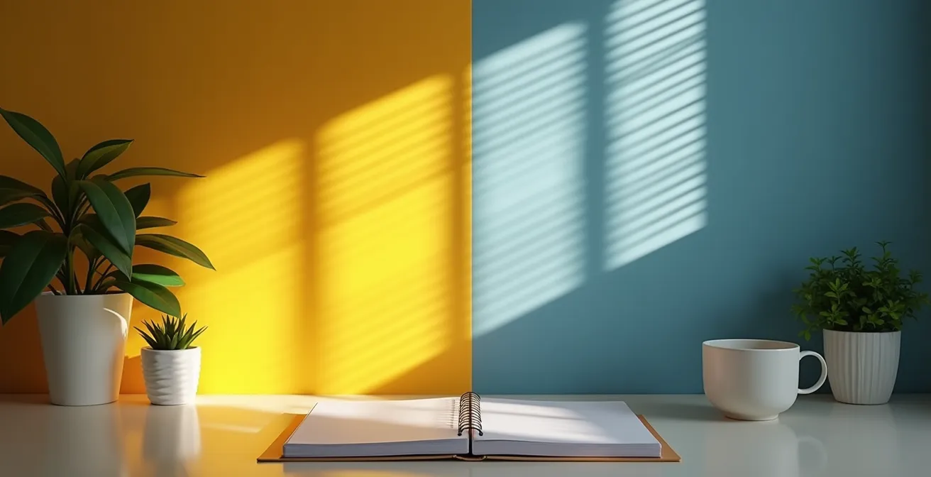 Ein Schreibtisch, der durch eine Linie geteilt ist. Die linke Seite ist in warmes, gelbes Licht getaucht, die rechte Seite in kühles, blaues Tageslicht, was den Einfluss der Lichtfarbe auf die Arbeitsatmosphäre symbolisiert.