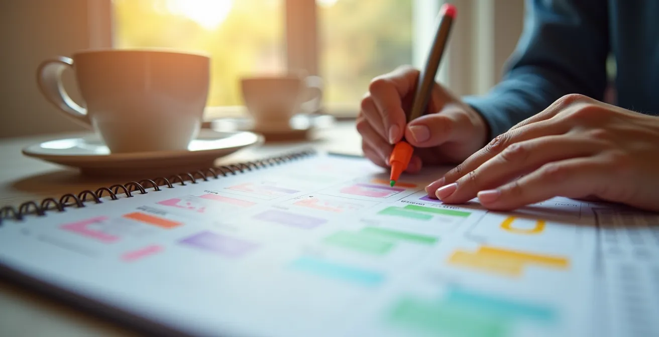 Person schreibt in einen Kalender mit farbigen Markierungen für Wiederholungstermine