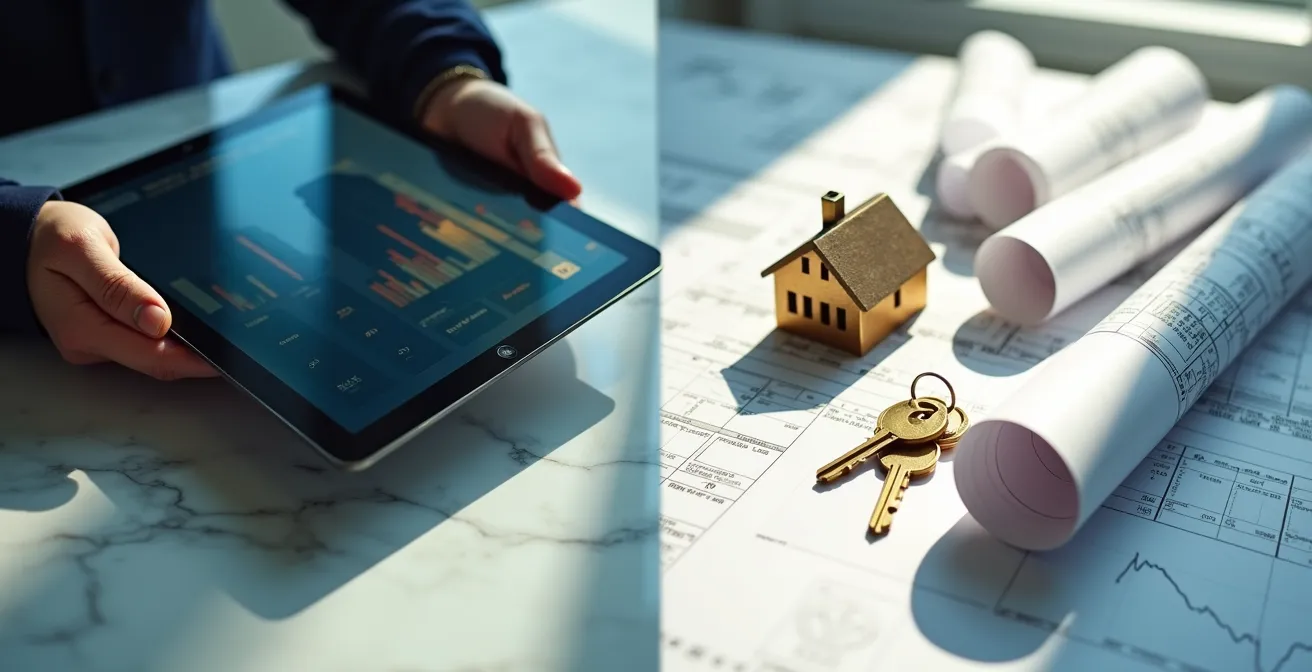 Symbolischer Vergleich zwischen Aktienhandel und physischen Immobilieninvestitionen