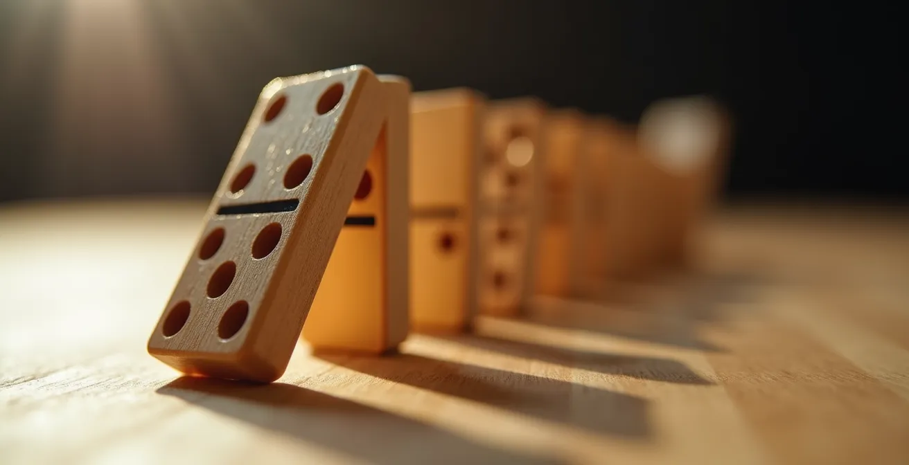 Makroaufnahme von Dominosteinen kurz vor dem Umfallen als Symbol für Kettenreaktion bei Unternehmenskrisen