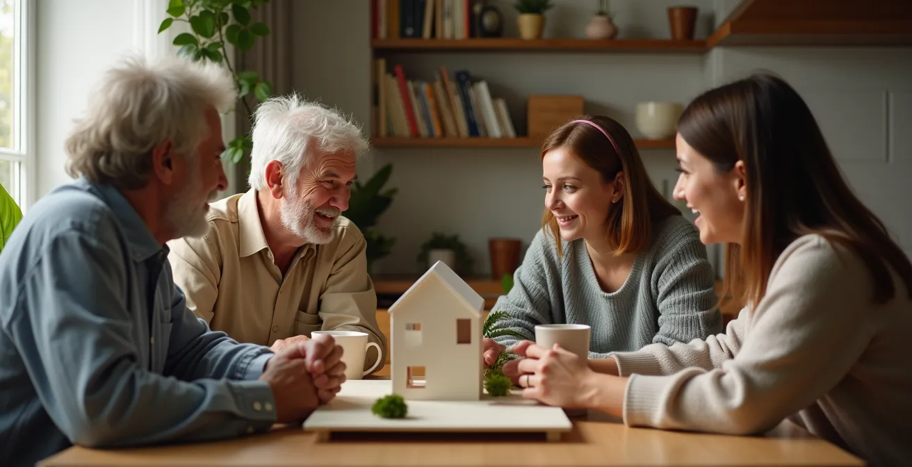 Eine Familie plant gemeinsam am Esstisch ihre finanzielle Zukunft, im Vordergrund ein Architekturmodell eines Hauses.