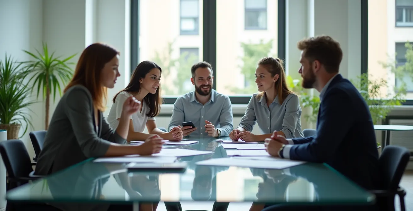 Weitwinkelaufnahme eines modernen Büroraums mit Mitarbeitern in einer Workshopsituation