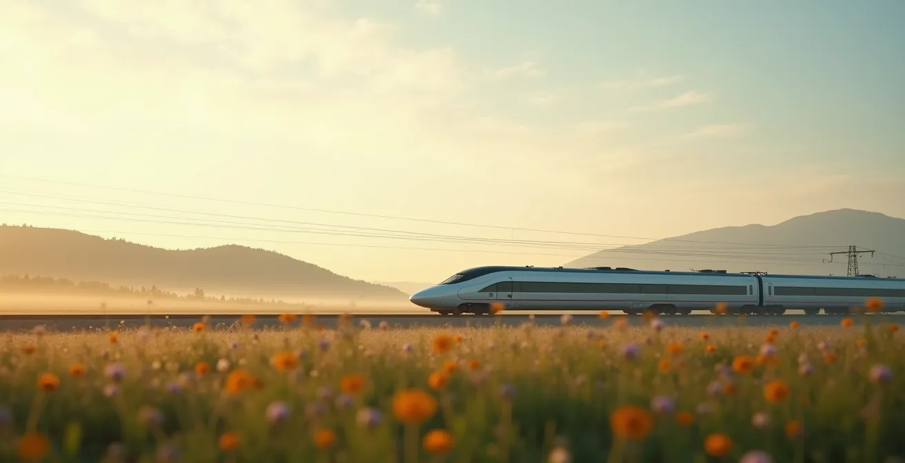 Visueller Vergleich zwischen entspannter Zugreise und stressiger Flugreise durch Europa