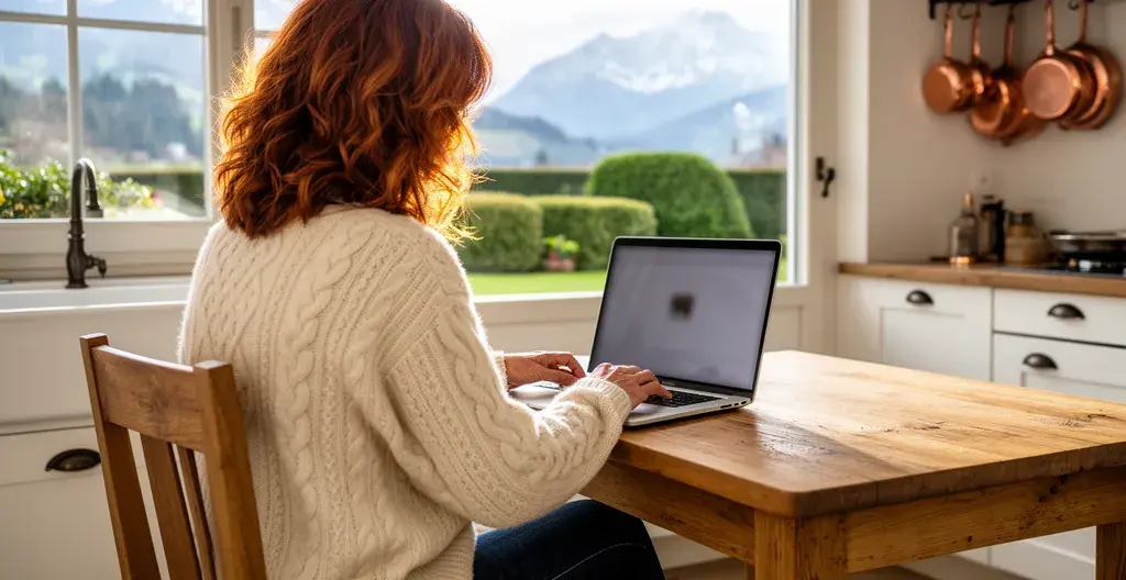 Eigentümerin prüft Immobilienbewertung am Laptop in Schweizer Küche
