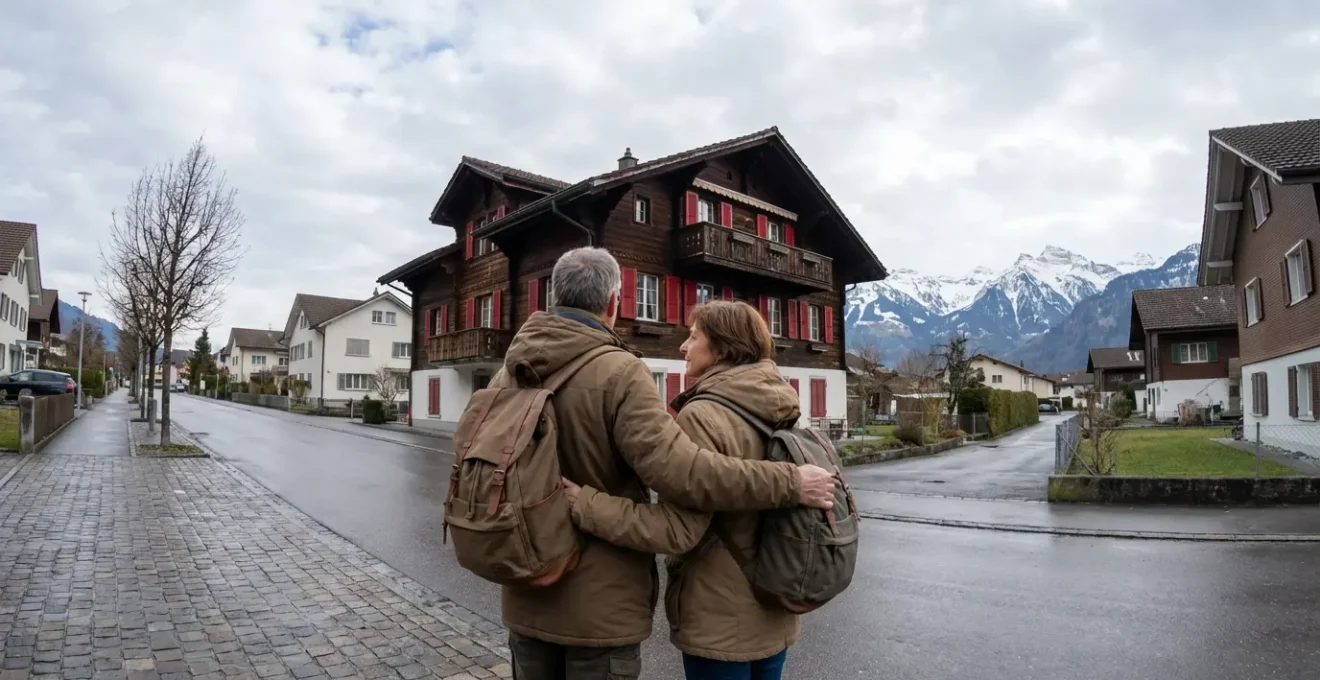 Schweizer Ehepaar betrachtet ihr Einfamilienhaus vor einem Verkaufsentscheid