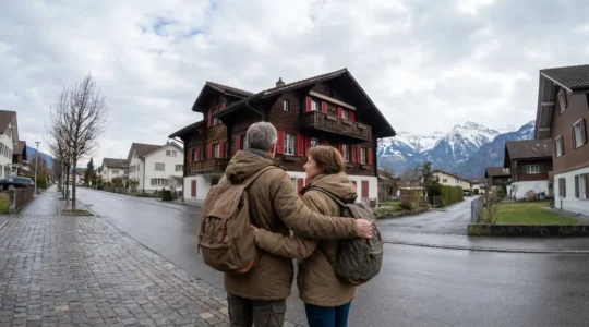 Schweizer Ehepaar betrachtet ihr Einfamilienhaus vor einem Verkaufsentscheid