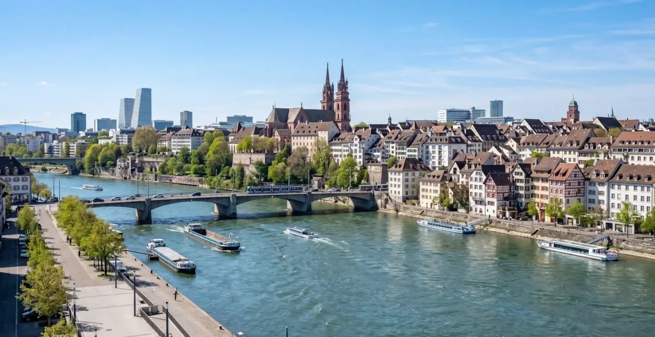 Weitwinkelaufnahme der Basler Stadtlandschaft mit Rheinufer und Basler Münster im Hintergrund bei klarem Tageslicht