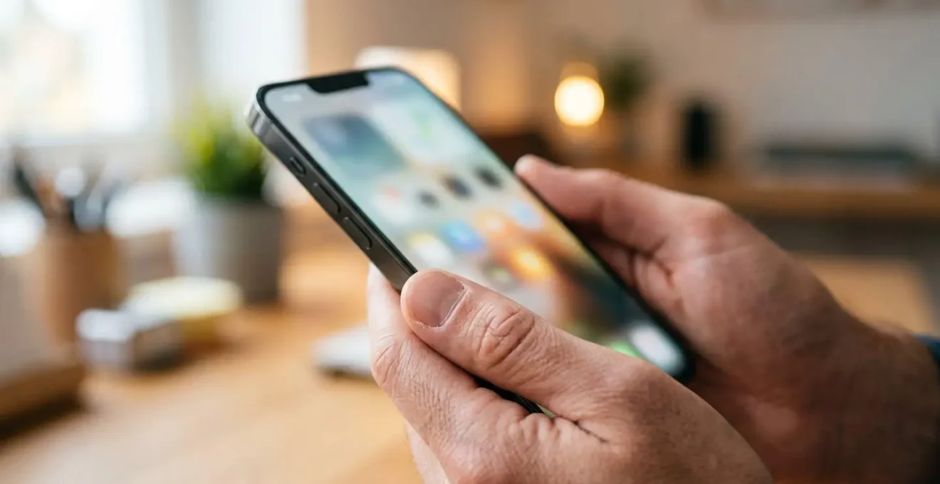 Nahaufnahme von gepflegten Händen, die ein modernes Smartphone halten, dessen Bildschirm verschwommene Grafiken zeigt, auf einer sauberen hellen Schreibtischoberfläche