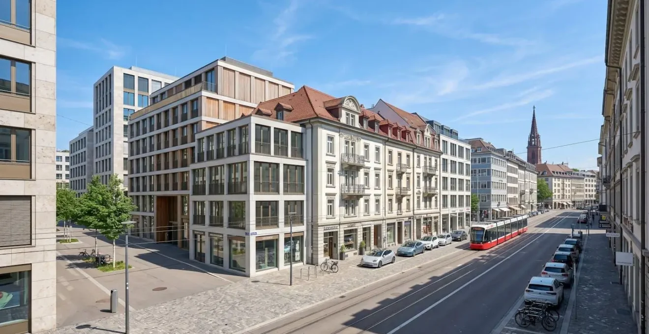 Weitwinkelaufnahme einer zeitgenössischen urbanen Strassenszene in Basel mit sauberen europäischen Gebäudefassaden, hellem Tageslicht und klarem Himmel, ohne Personen im Vordergrund