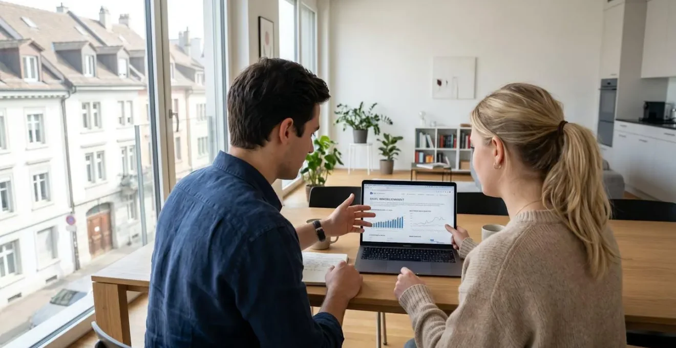 Zwei Personen analysieren gemeinsam Immobilienpreisdaten auf einem Laptop-Bildschirm in einer modernen Basler Wohnung