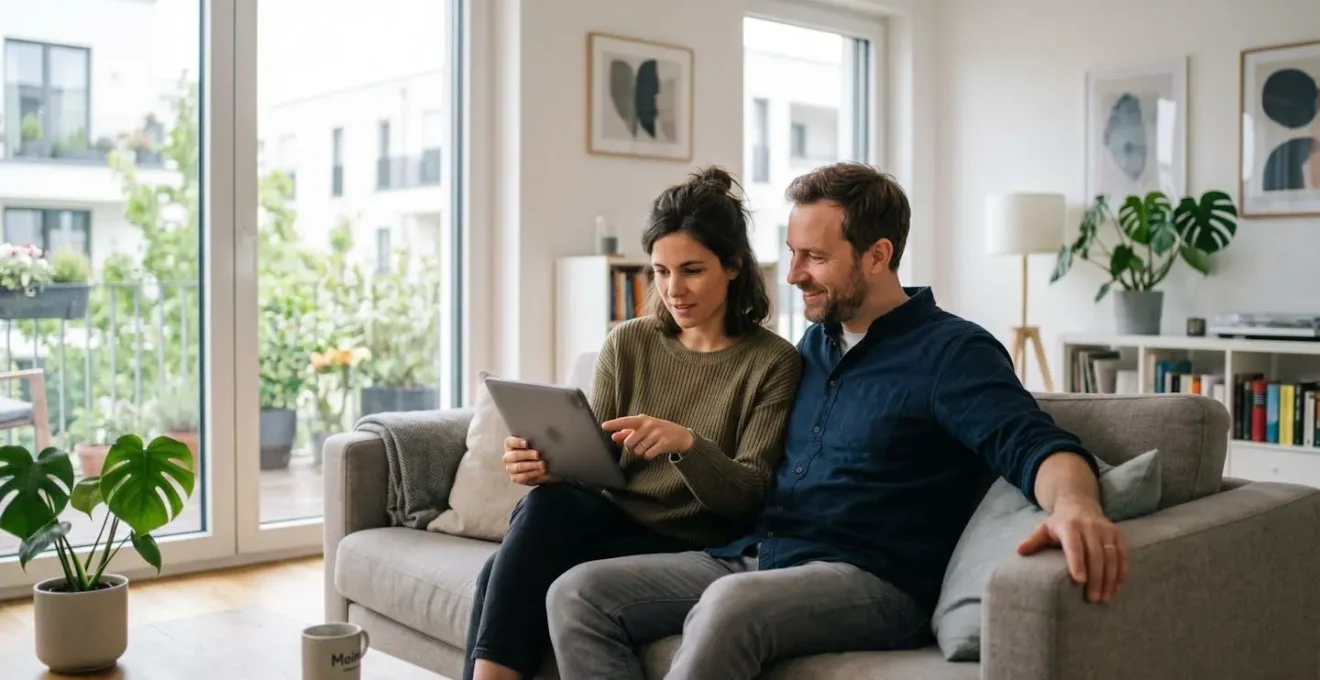 Ein Paar sitzt nebeneinander auf einem modernen Sofa und betrachtet gemeinsam einen Tablet-Bildschirm in einem hellen, zeitgenössischen Wohnzimmer mit natürlichem Fensterlicht
