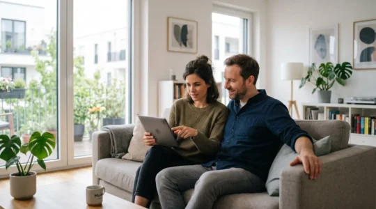 Ein Paar sitzt nebeneinander auf einem modernen Sofa und betrachtet gemeinsam einen Tablet-Bildschirm in einem hellen, zeitgenössischen Wohnzimmer mit natürlichem Fensterlicht