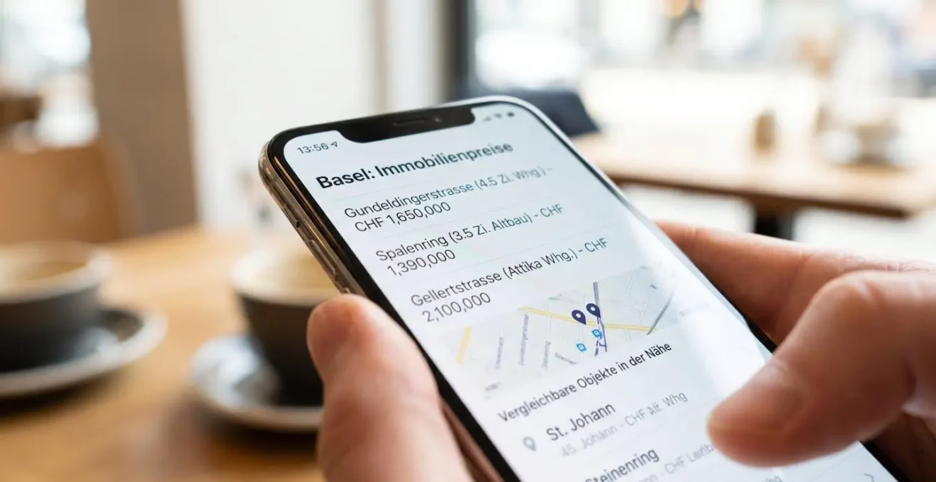 Extreme Nahaufnahme eines Smartphone-Bildschirms, der eine Immobilienbewertungs-App mit Basler Strassennamen und CHF-Preisangaben zeigt